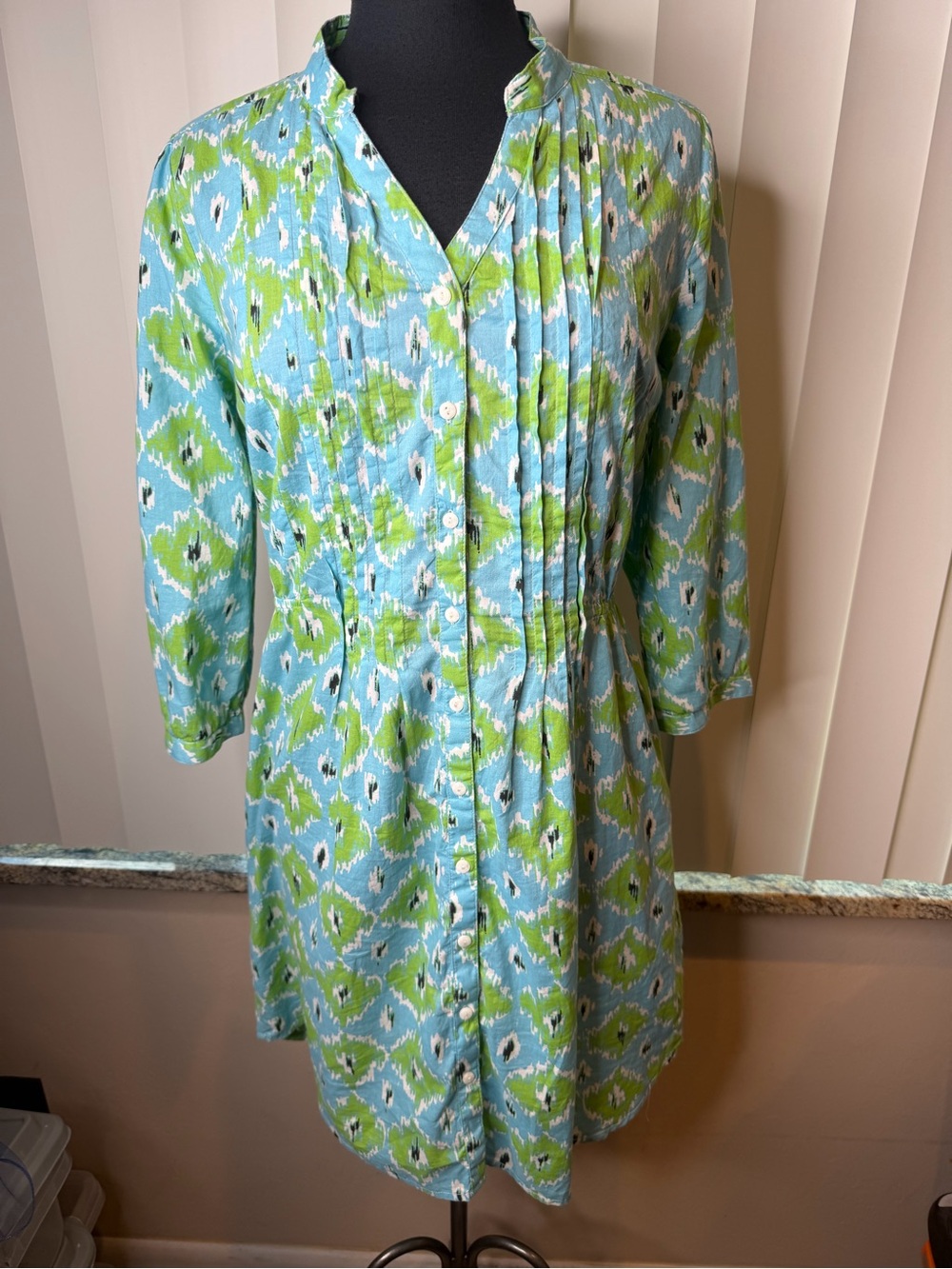 Boo Gemes Blue and Green Buttoned Lightweight Shirt Style Dress Size Medium